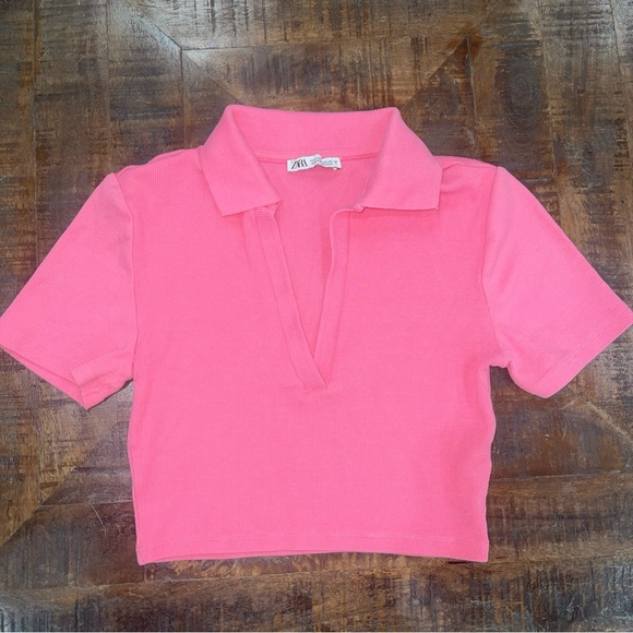 Zara Pink Collared V- Neck Ribbed Cropped Cotton Top Short Sleeve Women Sz M - Picture 2 of 8